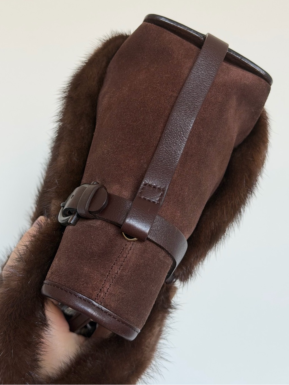 Salvatore Ferragamo Brown Suede Mink Fur Handle Bag - Picture 3 of 13